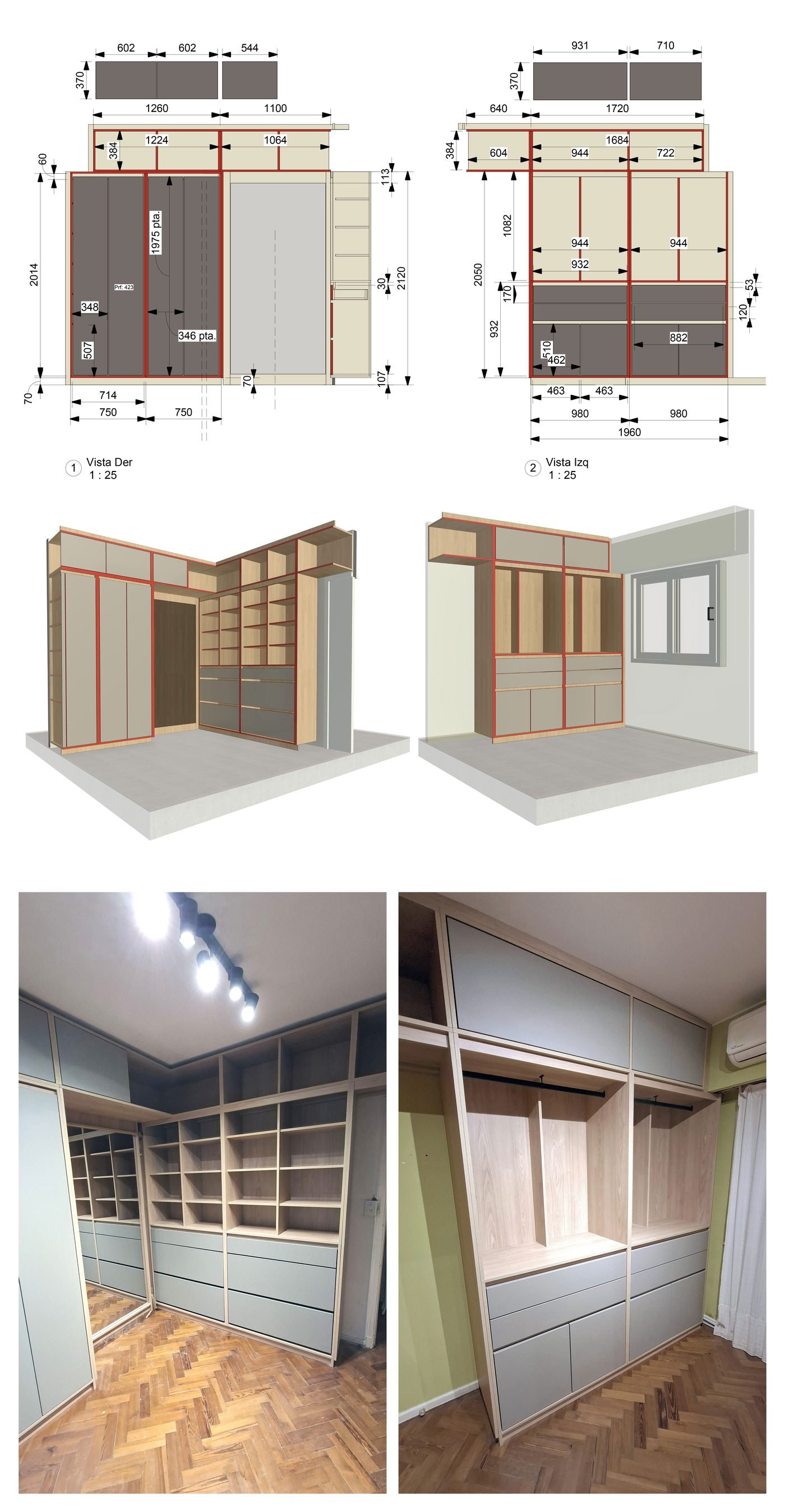 El proceso completo: plano técnico con medidas, modelo 3D y el mueble a medida ya instalado
